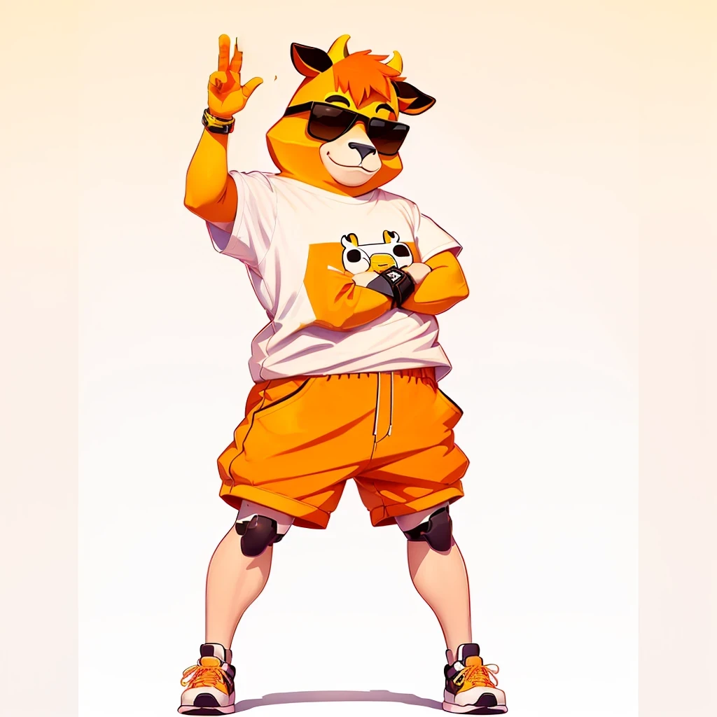Wear a shirt、Wearing sunglasses、cartoon cow with arms crossed cartoon cow with arms crossed cartoon cow with arms crossed, Full body mascot, ( cow wearing sunglasses, dancing character, Created using Adobe Illustrator, Teddy Fresh, Orange body, Created using Adobe Illustrator, Cartoon shading:15, Official Art, Merge roles, an anthropomorphic deer, Official illustrations, Full body clothing, posture