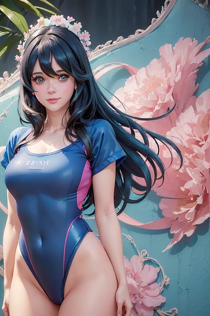 ((((Hyper realistic,high detailed quality)))),(((zooey deschanel)))alone, whole body,earrings, eyelash, shackles,, (((zooey deschanel))),(playa,(palm),((one piece spandex swimsuit blue ))crew,(green shirt), Floral,pink lips),Sexy and exciting smile,, (shiny skin:1.05),(blush:0.9),(dents in the skin:1.15),realist, ((Masterpiece, of the highest quality, high resolution,unstructured, (Perfect face:1.1), (sharp focus:1.1),, Trends with ArtStation, trend on CGsociety, Complex, high detail, sharp focus, dramatic))