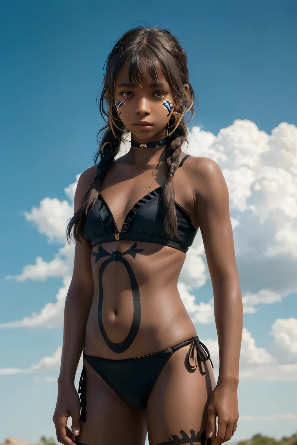 best quality, masterpiece, (realistic:1.2), 1girl, solo, (silhouette lighting:1.2), braids hair with bangs, tribal tattooed, (dark skin:1.4), tribal bikini, face paint, face marker, hourglass figure, savanna, blue sky, clouds