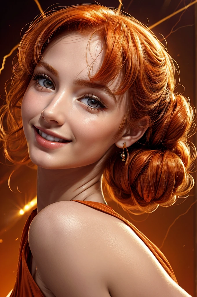 masterpiece, best quality, extremely detailed, hyperrealistic:1.1, photorealistic, a pretty 20s french model, ultra detailed face:1.2, pale skin, orange hair, red mock neck sleeveless dress:1.1, half updo, smiling, a shot from head to waist, orange background, lightning around her
