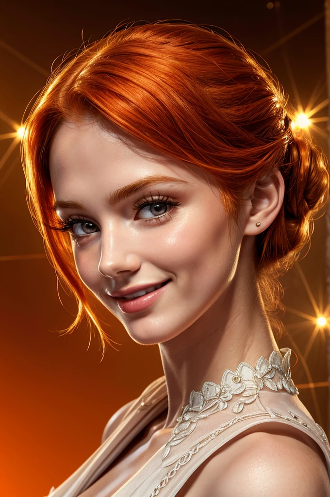 masterpiece, best quality, extremely detailed, hyperrealistic:1.1, photorealistic, a pretty 20s french model, ultra detailed face:1.2, pale skin, orange hair, red mock neck sleeveless dress:1.1, half updo, smiling, a shot from head to waist, orange background, lightning around her
