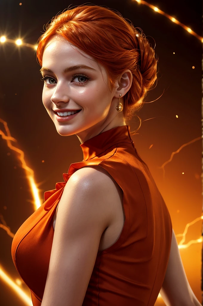 masterpiece, best quality, extremely detailed, hyperrealistic:1.1, photorealistic, a pretty 20s french model, ultra detailed face:1.2, pale skin, orange hair, red mock neck sleeveless dress:1.1, half updo, smiling, a shot from head to waist, orange background, lightning around her