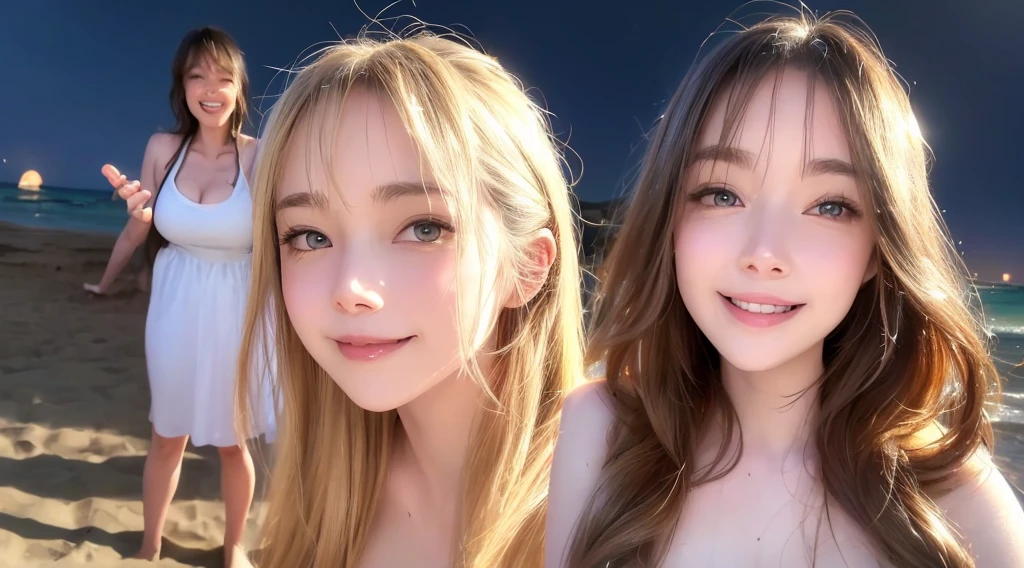 realistic portrait photo of two women in their 30s, beautiful face, nice appearance, blonde and very wavy hair, parts, naked, standing on the beach, with sand stuck to the skin, smiling relaxed expression, overflowing with emotion, interplay of contrasts along with detailed lights and shadows, depth of field, clear atmosphere, wind in the face, emotional