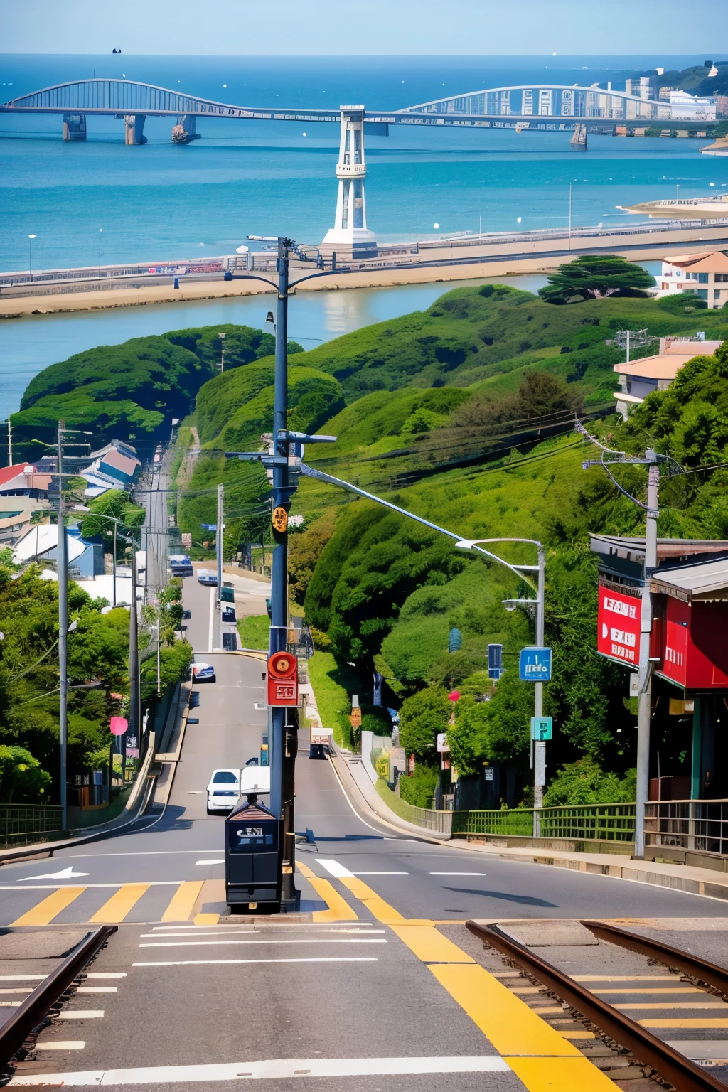 ((Highest quality)), ((masterpiece)), Enoshima、Enoshima Electric Railway、early morning、Lush greenery、Gentle sea breeze、Dazzling Light、Railroad crossing、