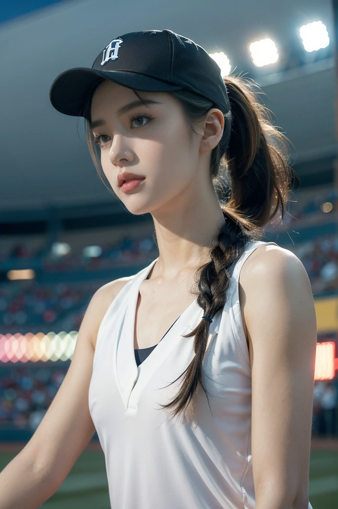 (((best quality))),(((ultra detailed))),(((masterpiece))),illustration,((A beautiful female baseball player stands confidently on the field)),((slim,thin)),((small breasts,flat chest)), her team's colors adorning her uniform,(baseball cap:1.2),(short ponytail:1.3),She has a determined expression, analyzing the trajectory of the ball. The crowd in the stadium cheers, creating an electric atmosphere. The player's posture is commanding, and her feet are firmly planted on the ground. Her dedication and passion for the game are evident in her every move.(((emotional))),(((athletic))),(((vibrant energy))),(((stadium lights))),(((summer night))),female athlete,((from front,upper body))