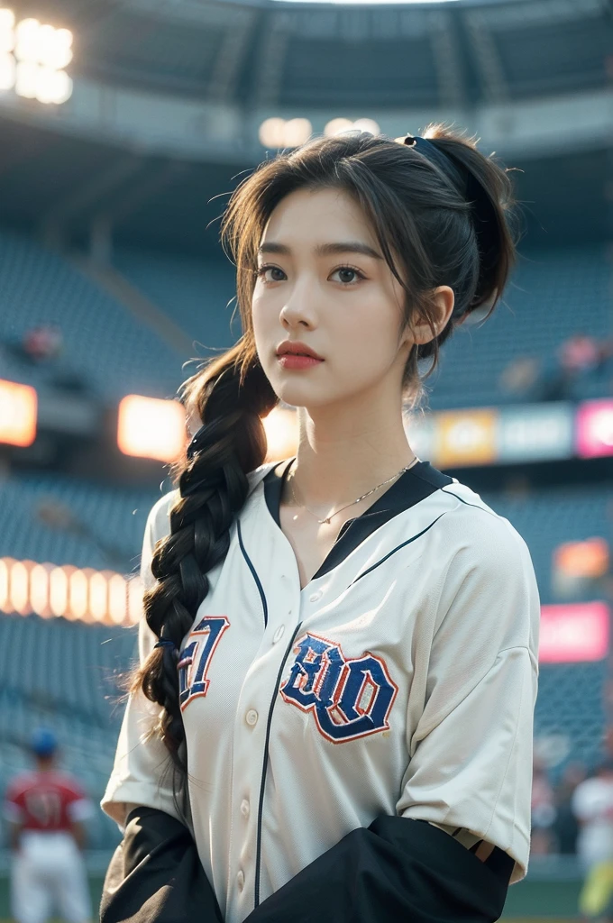 (((best quality))),(((ultra detailed))),(((masterpiece))),illustration,((A beautiful female baseball player stands confidently on the field)),((slim,thin)),((small breasts,flat chest)), her team's colors adorning her uniform,(baseball cap:1.2),(short ponytail:1.3),She has a determined expression, analyzing the trajectory of the ball. The crowd in the stadium cheers, creating an electric atmosphere. The player's posture is commanding, and her feet are firmly planted on the ground. Her dedication and passion for the game are evident in her every move.(((emotional))),(((athletic))),(((vibrant energy))),(((stadium lights))),(((summer night))),female athlete,((from front,upper body))