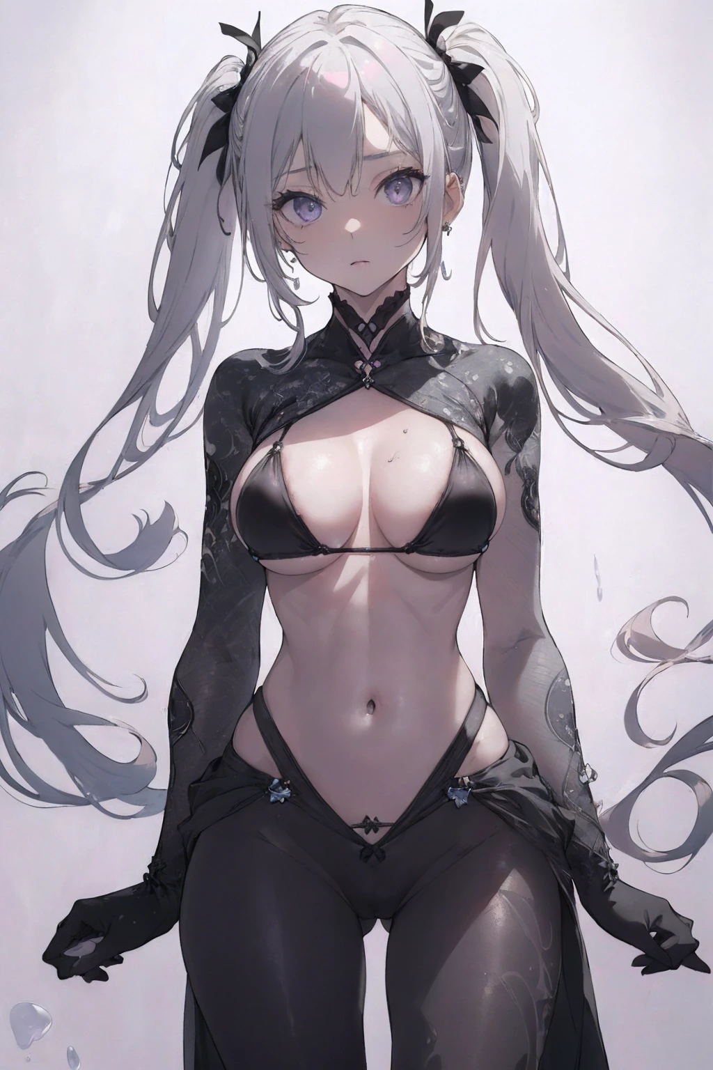 (micro bikini photo:1.1, big chest, saggy breast, gray white background:1.5), Masterpiece, best quality, (very detailed CG unity 8k wallpaper), (best quality), High definition RAW color art, Animation,sculptures, (black Marble Skin), (((Ultra detailed elegant))), Magical atmosphere, Detailed skin, Texture,(Intricately detailed, Fine detail, ultra-detail art), depth of fields, bokeh, Silky Touch, Hyper Detail, beautiful eyes, Elegant Face, (lying on pastel pink waterfront), sparkle background, enormous breast:1.3, (silver hair, twintail), pastel purple, embarrassing face, wide open udder, twin tail, hands in pocket, black pants