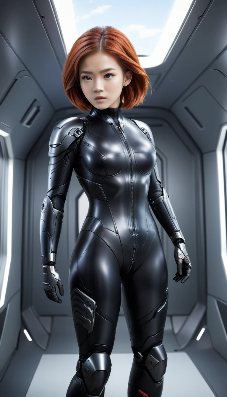 1 Girl、Medium Bust、solo、red Hair、Braid、Mobile Race Suit、Shoulder Armor、ceiling、Wide Shot、Looking Ahead、zipup suit 、Closed Mouth、Highest quality、medium quality、22 years old、Mobile Trace System、cockpit、Asian、
