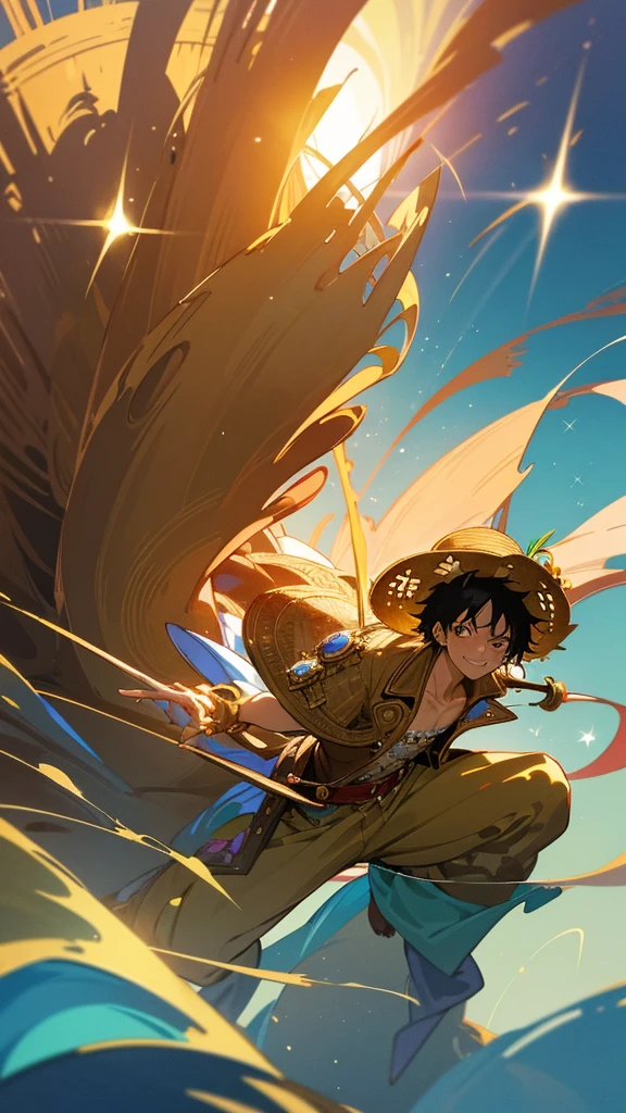 Very detailed anime illustration of a YOUNG MAN, NAMED "LUFFY" with HIS STRAW HAT, and his pirate clothes, sparkling aura, very detailed, gold filigree, intricate motifs, sunlight, smiling face, blushing, loving gaze, red and green , full body pose, highly detailed posture, fantasy , fantasy environment, anime style, ((overload combined with One Piece)) bright color, cmyk color, backlight, misty light, highly detailed, majesty and awe, cinematic, visual masterpiece stunning, double exposure, highest quality, 32k, yly. png