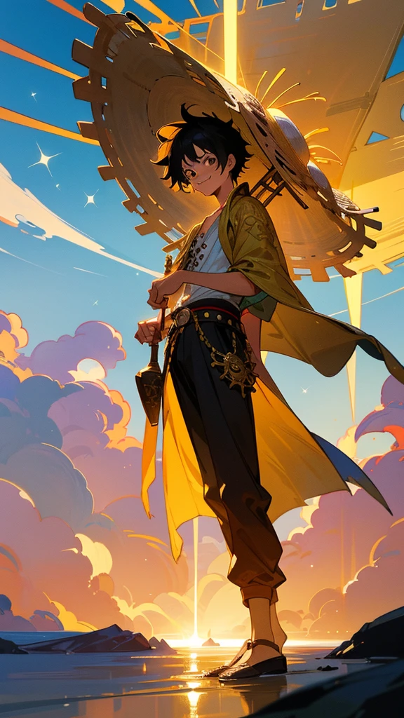 Full body shot,Monkey D. Luffy,Gear fourth,black hair,armor,dark skin,an evil grin on his face,eyes glow blue, holding a sword in both hands,dynamic pose,smile,male focus,shorts,teeth,grin,scar,sandals,(straw hat:1.5),stitches,skeleton,bone,scar on chest,grey mist swirling around him,swirling smoke effects on a smoke background,high resolution with high contrast, cinematic lighting, vibrant colors, sharp focus and high detail.,unreal engine 5,panorama,Full body,Cyberpunk,Kodak Ektachrome E100,Kodak Portra 160,Kodak Ektar 100,Kodak Portra 400,Wong Kar-wai
