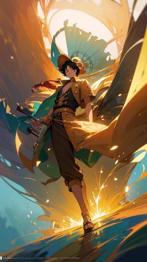 Very detailed anime illustration of a YOUNG MAN, NAMED "LUFFY" with HIS STRAW HAT, and his pirate clothes, sparkling aura, very detailed, gold filigree, intricate motifs, sunlight, smiling face, blushing, loving gaze, red and green , full body pose, highly detailed posture, fantasy , fantasy environment, anime style, ((overload combined with One Piece)) bright color, cmyk color, backlight, misty light, highly detailed, majesty and awe, cinematic, visual masterpiece stunning, double exposure, highest quality, 32k, yly. png