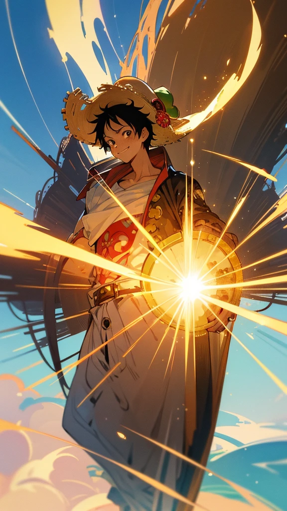 Very detailed anime illustration of a YOUNG MAN, NAMED "LUFFY" with HIS STRAW HAT, and his pirate clothes, sparkling aura, very detailed, gold filigree, intricate motifs, sunlight, smiling face, blushing, loving gaze, red and green , full body pose, highly detailed posture, fantasy , fantasy environment, anime style, ((overload combined with One Piece)) bright color, cmyk color, backlight, misty light, highly detailed, majesty and awe, cinematic, visual masterpiece stunning, double exposure, highest quality, 32k, yly. png