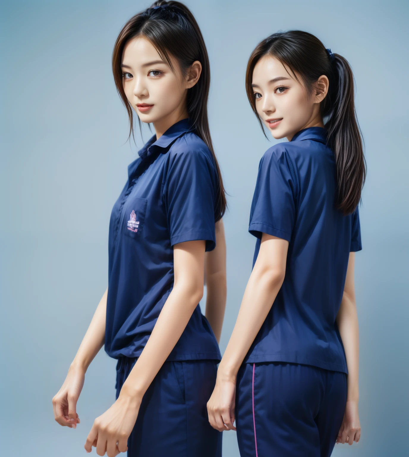 (best quality,10,10,height,Masterpiece:1.2),Special details,(realistic,ภาพrealistic,Realistic photos:1.37),1 Cute girl in the kitchen,shiny, ผิวshiny,only,smile softly,BDclothelue shirt:1.3)),short sleeve,shirt, กางเกงขาlong.,(navy_long_track pants:1.1), ((Kitchen Background)),Dynamic angle,excited,Face focus,dynamic poses,from behind,focus on ,Masterpiece, best quality, ultra realistic, hyper detail, 8k resolution, raw photos, Sharp focus, ((Navy blue shirt:1.1)), short sleeve, เส้นทางlong, perfect body, 2 matmen, 18 years old, Cinema-grade lighting system,blue sweatpants,shirtผ้าออกกำลังกาย,correct anatomy,perfect body, correct body, Sharp face, correct bodyทางกายวิภาค, full body, realistic gestures, long-haired, realistic poses,Wear long shorts...........................,ช่วงขาlong,Good shape,carved girl, Slender figure, model, Good shape, beautiful body,blue sweatpants, two girls kissing