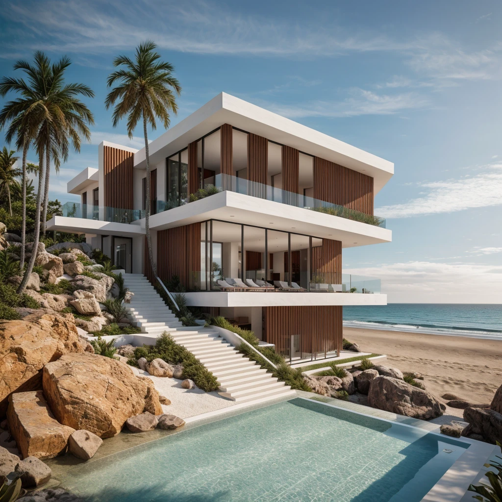 the exterior of modern villa on the beach, masterpiece, photorealistic, best quality, ultra high res, architechture shot, composite construction, piles/stacks, innovative page design,natural light,sunset environment,Vray,
RAW photo, 8k uhd, dslr, soft lighting, high quality, film grain, Fujifilm XT3