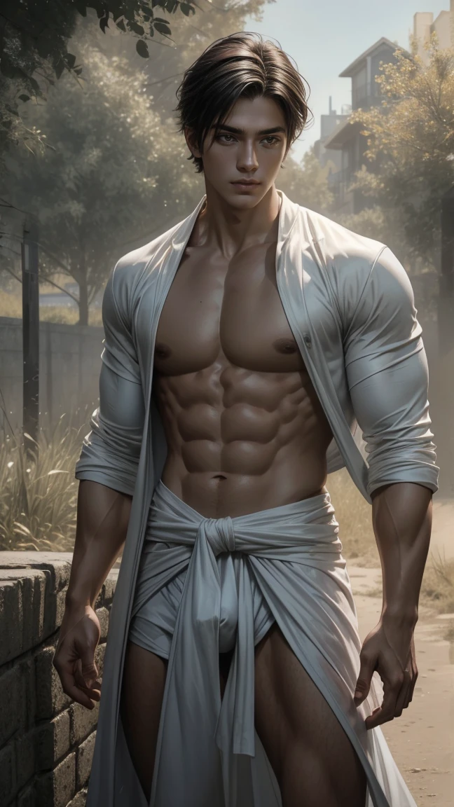 1 man, (male model) hot skin, masterpiece, best quality, most handsome man in the world, by Shen Quan, perfect body, beautiful male model, an attractive man 18-24 years old aesthetic, blossoms in spring, green fields, spring, plains, trees, flowers, blue sky, rough and handsome young man in white transparent robe, white transparent fabric, shirtless jacket shoulders, exposed chest muscles, exposed thighposed transparent white briefs)), (male focus), (smooth body)), smile, super cute, dynamic pose, cool and seductive, dramatic lighting, full body shot, full body shoot, young face, full body, body hairless, skinny tall, fit body, dominant, white or white skin, young face, firm body, hd, natural flesh tone, soft light, highly detailed, looking at the audience, photography, detailed skin, real person, realistic, photorealistic realistic, crazy detail, facial detail, hype maximization, hype surrealism, film, telephoto, lighting complex detail , Highly detailed, Highly detailed, Digital painting, artstation, concept art, smooth, sharp focus, illustration, Unreal Engine 5, 8K, art by Ross Tran and Greg Rutkowski and Alphonse Mucha, UHD, 8k, Show men only .8k Ultra HD, DSLR, dim lighting, high quality, film grain, Fujifilm XT3, male fan, 2-person, two-person model.