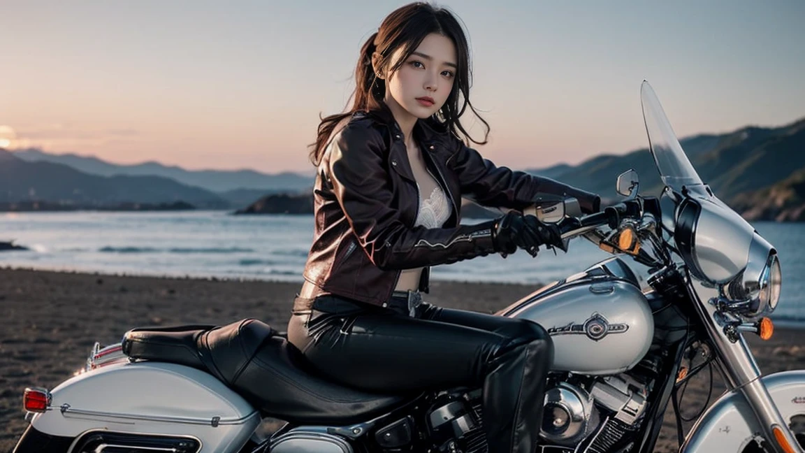 masterpiece, Highest quality, Very detailed, 8K, Realistic, Soft Focus, Beautiful attention to detail, Detailed face, double eyelid, One girl, alone, Beautiful Skin, Real human skin, beautiful girl, Japanese Idols, pretty girl,(The background is a beautiful coastline illuminated by the setting sun), (Riding on motorcycle:1.4), (Deep red leather jacket:1.4),break (Black leather pants:1.4),break (Underwear is a white lace bra:1.4), (Driving a Harley Davidson BRAKEOUT-117:1.4), Beautiful long hair swaying in the wind, Beautiful breasts,Beautiful breastsの谷間,whole body,Browsing Caution