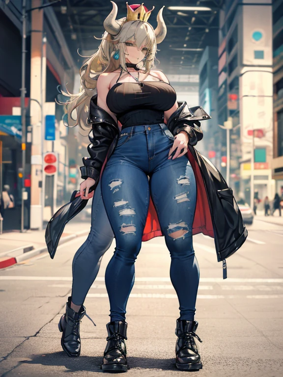 (work of art:1.2, best qualityer), Bowsette, beautiful adult woman, mature woman, standing alone, trunk, big boobies, Dark wash skinny jeans, open jacket, neckleace, ankle boots, loose waves, The center, the middle part, the nucleus, simple hoop earrings, green park, white hair, long sideburns, (((the woman is walking, BIG ASS, thick legs))), standing alone