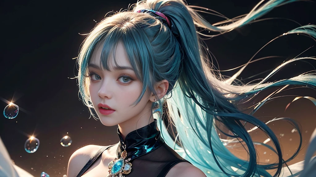 (masterpiece), (Highest quality), (Very detailed), (Disheveled Hair), (shape), (One Girl), (Fashionable clothes), Are standing, Fashion Model, Beholder, (interview), (Simple Background), Beautiful and beautiful eyes, Delicate and beautiful face, floating, (High chroma), (Colorful Splash), Colorful bubbles, (Shine), Focus on the face, ponytail, Light blue hair, bangs, Hair Ring, floating Flowers, floating Hairs, (The Shining), Best lighting, Best Shadow, Big, firm, swaying breasts