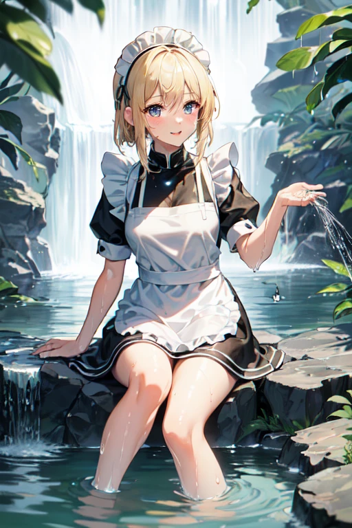 (Super best quality:1.6), (Highest quality:1.4), (detailed:1.4), (Attention to detail:1.4), (Ultra-high resolution:1.6), 4K, (detailedな顔), (Maid clothes, White apron, Headband, Black Dress, ribbon, Maid clothes, Classic, Long:1.4), (白と黒のMaid clothes), Blonde, Blue Eyes, Cat ear, cute, Small breasts, The best smile, Looks happy, Soaked from head to toe, (Water drips from the clothes:1.6), (Water Drop:1.6), (Soaked from head to toe:1.6), (全身にWater Drop:1.6), (Entering the water fully clothed:1.4), (全身からWater Dropが垂れる:1.6), (Big waterfall, Taki training), In the water, Deep River, Being struck by a waterfall, Waterfall basin, (Waterlogged), (Bathing in a waterfall:1.6), (Bathing fully clothed), Bathing, Waterfall shower, Waterfall bath, natural, 全身にWater Drop,
