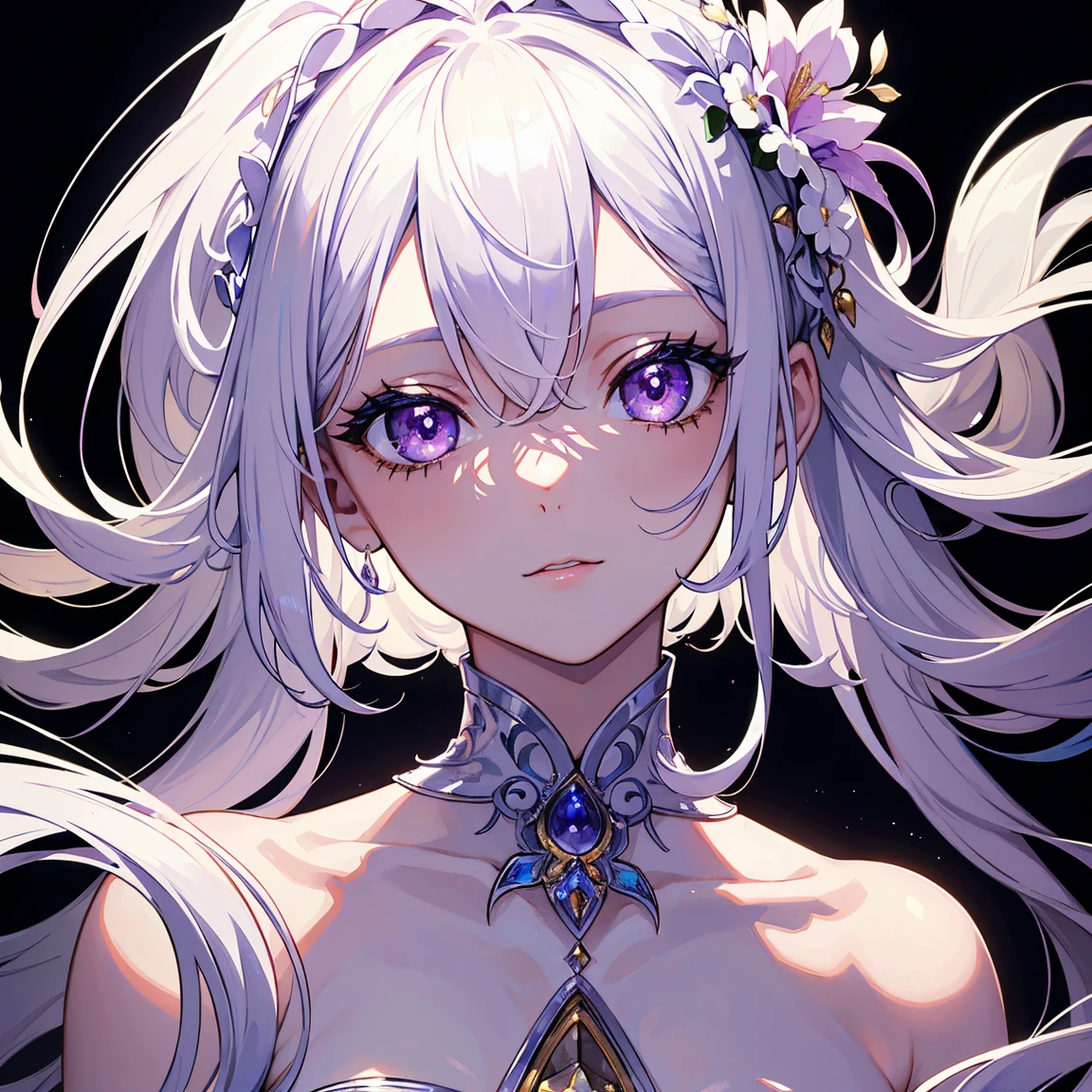 <lora:cute_anime_style_v1:1>A mesmerizing digital portrait of a charismatic woman with piercing violet eyes, adorned in an ornate headdress, surrounded by vibrant blossoms and delicate feathers