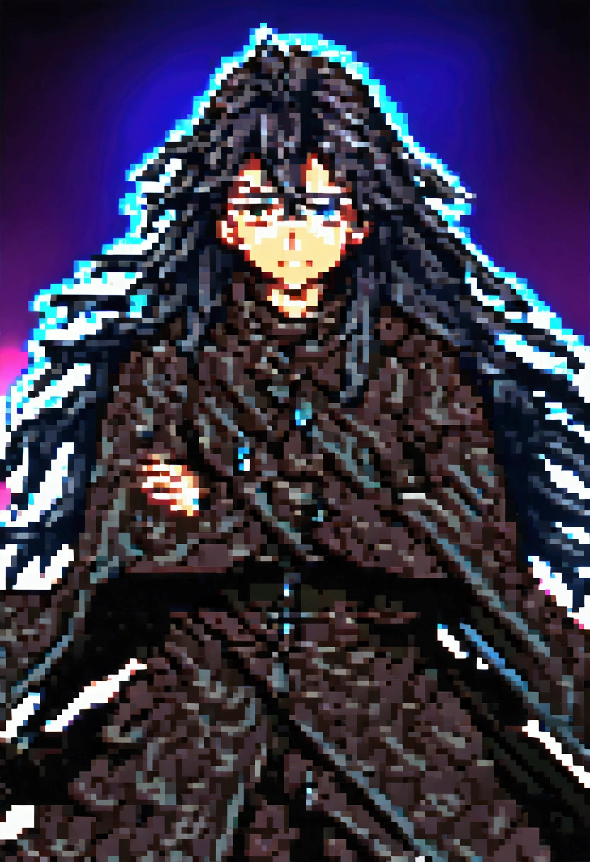 Teenage boy, Messy hair, long hair, multicolored blue and black hair, crossed arms, blue and black eyes, heterochromia, Simple smile, serious face, black jersey, dark blue detailed and wide short-sleeved overcoat, detailed black pants, electric aura around the character,