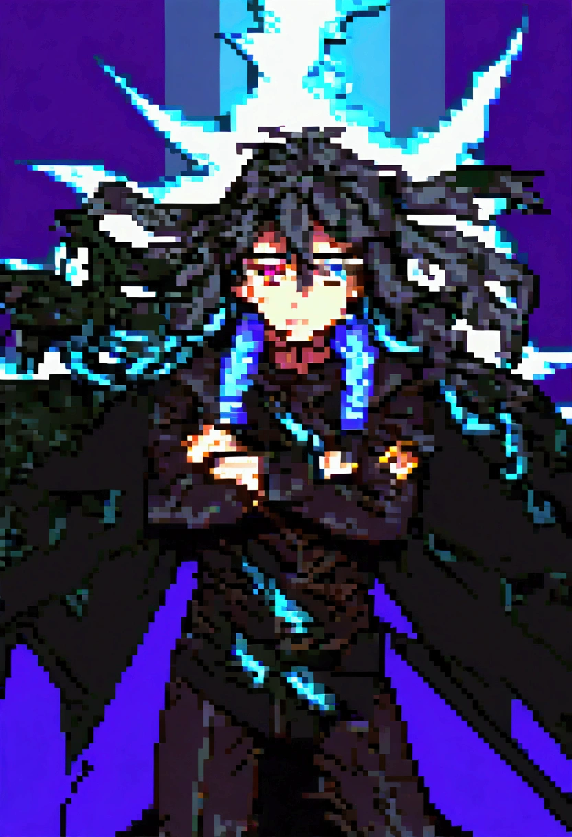 age boy, Messy hair, long hair, multicolored blue and black hair, crossed arms, blue and black eyes, heterochromia, Simple smile, serious face, black jersey, dark blue detailed and wide short-sleeved overcoat, detailed black pants, electric aura around the character,