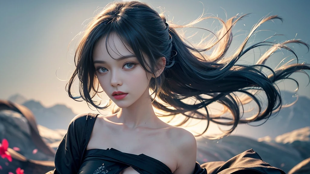 (masterpiece), (Highest quality), (Very detailed), (Disheveled Hair), (shape), (One Girl), (Fashionable clothes), Are standing, Fashion Model, Beholder, (interview), (Simple Background), Beautiful and beautiful eyes, Delicate and beautiful face, floating, (High chroma), (Colorful Splash), Colorful bubbles, (Shine), Focus on the face, ponytail, Light blue hair, bangs, Hair Ring, floating Flowers, floating Hairs, (The Shining), Best lighting, Best Shadow, Big, firm, swaying breasts