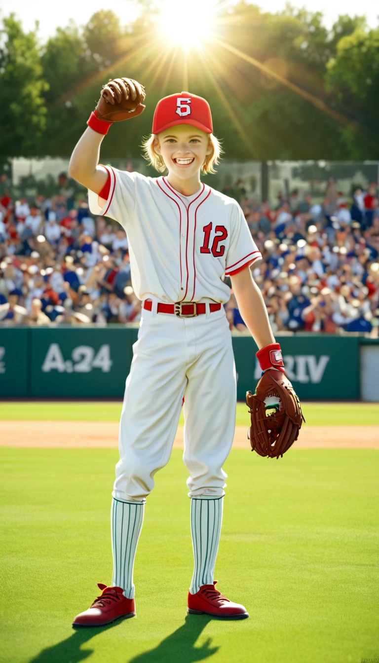 Create an illustration of a young baseball player standing on the pitcher's mound, ready to throw a fast pitch. He is wearing a classic red and white uniform, a baseball cap, and tightly holding his glove. The sunlight is shining from behind him, casting a shadow under the brim of his cap. His expression is focused and determined, with a gleam of desire for victory in his eyes. The grass on the field is a vibrant green, and the crowd in the stands is cheering, adding a tense and exciting atmosphere to the game. Pay attention to the details, such as the number on the uniform, the wear and tear on the glove, and the effect of sunlight casting shadows on the athlete,Young baseball player, throwing board, fastball, classic red and white team uniform, baseball cap, gloves, sunshine, brim, shadow, focus, determination, victory, bright green grass, spectator stand, cheers, tension, excitement, detail depiction, team uniform number, glove wear, sunlight and shadow effects