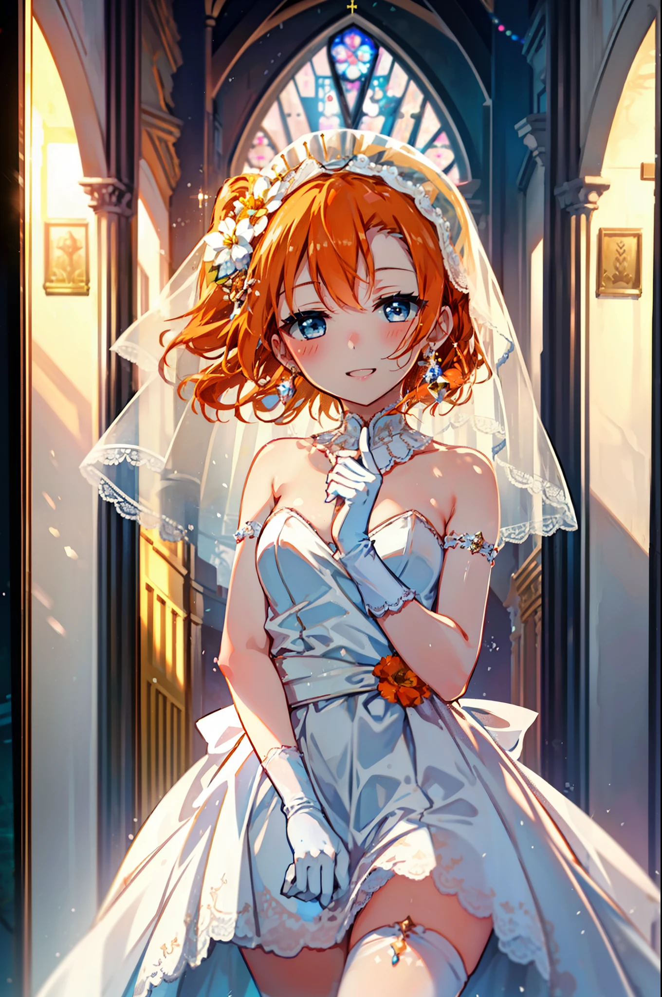 Highest quality, masterpiece, High resolution, alone, {Honoka Takasaka　lovelive:1.15}, blue eyes, Orange Hair, ,blush,happy smile, smile, Open your mouth,Wedding dress,Veil,bouquet,　　　　　　　　　　　　 
 break looking at viewer, whole body,(Cowboy Shot:1. 5) 　　　　　　　　　　　　　　　　　　　break indoors, Chapel,church, 　　　　　　　　　　　break (masterpiece:1.2), Highest quality, High resolution, unity 8k wallpaper, (shape:0.8), (Beautiful attention to detail:1.6), Highly detailed face, Perfect lighting, Highly detailed CG, (Perfect hands, Perfect Anatomy),