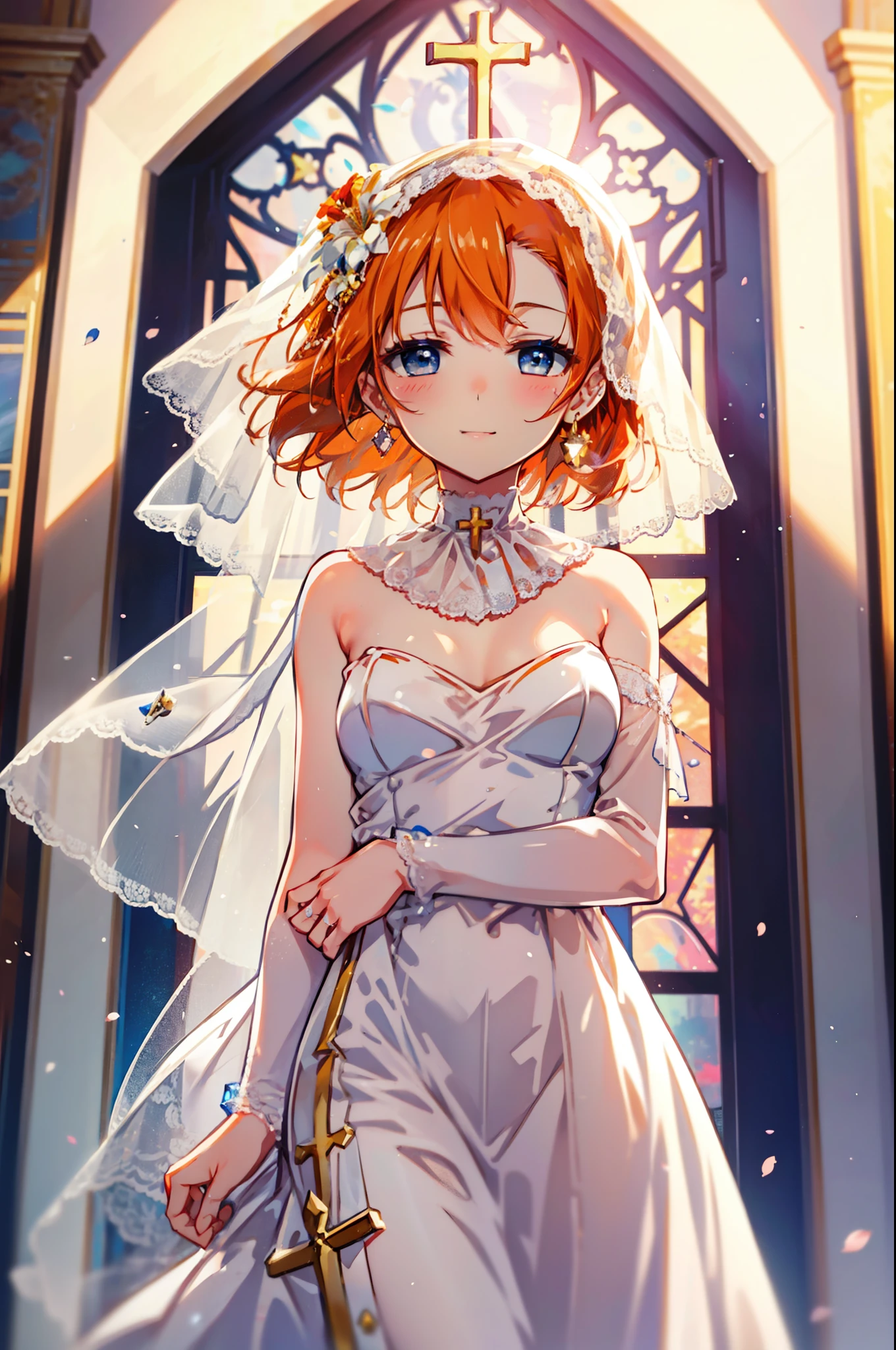 Highest quality, masterpiece, High resolution, alone, {Honoka Takasaka　lovelive:1.15}, blue eyes, Orange Hair, ,blush,happy smile, smile, Open your mouth,Wedding dress,Veil,bouquet,　　　　　　　　　　　　 
 break looking at viewer, whole body,(Cowboy Shot:1. 5) 　　　　　　　　　　　　　　　　　　　break indoors, Chapel,church, 　　　　　　　　　　　break (masterpiece:1.2), Highest quality, High resolution, unity 8k wallpaper, (shape:0.8), (Beautiful attention to detail:1.6), Highly detailed face, Perfect lighting, Highly detailed CG, (Perfect hands, Perfect Anatomy),