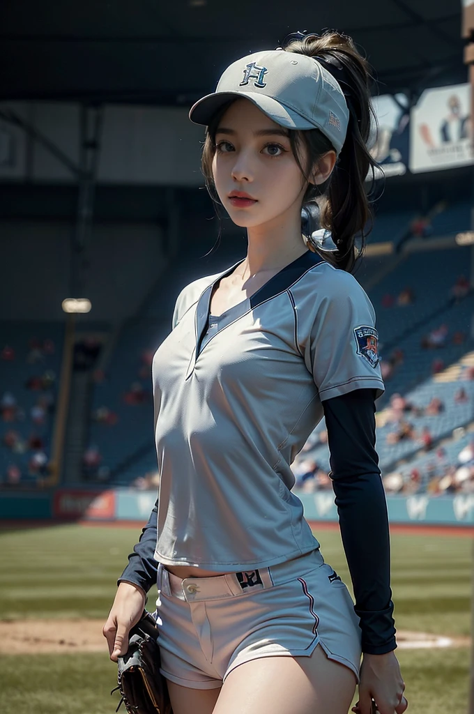 (((best quality))),(((ultra detailed))),(((masterpiece))),illustration,((A beautiful female baseball player stands confidently on the field)),((slim,thin)),((small breasts,flat chest)), her team's colors adorning her uniform,(baseball cap:1.2),(short ponytail:1.3),She has a determined expression, analyzing the trajectory of the ball. The crowd in the stadium cheers, creating an electric atmosphere. The player's posture is commanding, and her feet are firmly planted on the ground. Her dedication and passion for the game are evident in her every move.(((emotional))),(((athletic))),(((vibrant energy))),(((stadium lights))),(((summer night))),female athlete,((from front,upper body))