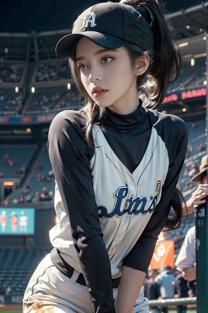 (((best quality))),(((ultra detailed))),(((masterpiece))),illustration,((A beautiful female baseball player stands confidently on the field)),((slim,thin)),((small breasts,flat chest)), her team's colors adorning her uniform,(baseball cap:1.2),(short ponytail:1.3),She has a determined expression, analyzing the trajectory of the ball. The crowd in the stadium cheers, creating an electric atmosphere. The player's posture is commanding, and her feet are firmly planted on the ground. Her dedication and passion for the game are evident in her every move.(((emotional))),(((athletic))),(((vibrant energy))),(((stadium lights))),(((summer night))),female athlete,((from front,upper body))