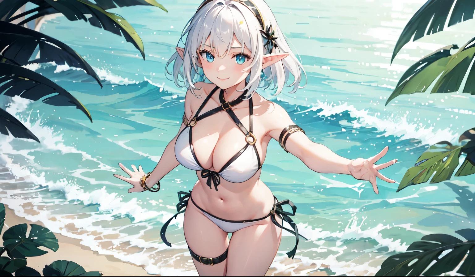 Create a high-quality anime image of a beautiful female elf character standing confidently. She has white hair and a hair accessory.
She is wearing a stylish, revealing bikini with great attention to detail.
The character is standing with her feet shoulder-width apart, holding a colorful float ring vertically in both hands. The float ring is placed on the ground, perfectly positioned so that her bikini area is visible through the ring. She is looking at you with a seductive smile.
The setting is a sandy beach. The overall atmosphere is seductive and sensual.