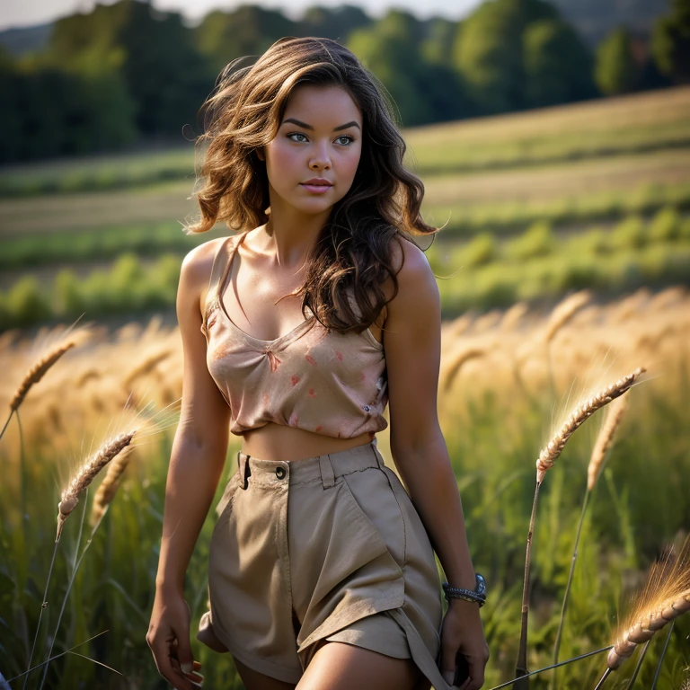 Retro Cam. Melissa Sue Anderson, walking through wheat, countrywoman, pin-up, vintage, 22 years old, perfect body, 40's, perspective, half body detail, sharp focus, light mix, detail, 50's, (high skin detail: 1,2), 8k hd, Wallpaper, DSLR, Luz outfit, high quality, Fujifilm XT3 Grainy Films.