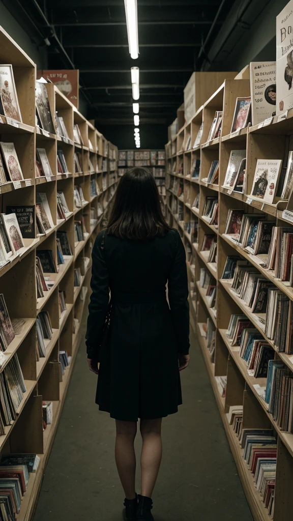 A is looking at a story book store, cinematic, dark