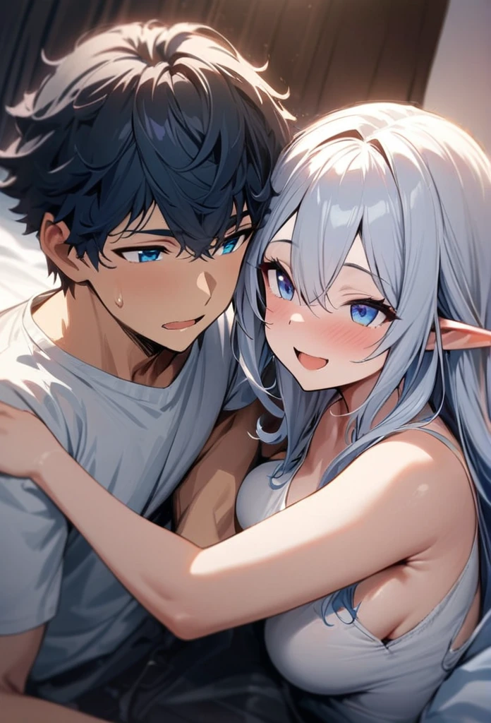 (couple), girl and boy, watching tv in bed together, rich in detail, competitive, happy expression, love, wide angle, 1girl, (((masterpiece, best quality, aesthetic, heavenly))), ((girl elf ,with blue eyes, white long hair)), intimate, 1boy, ((boy with blue eyes, short black curly hair))
