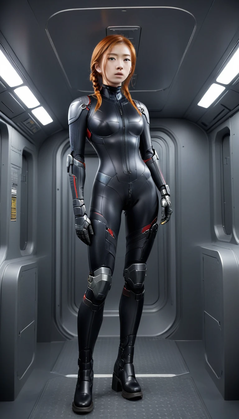 1 Girl、Medium Bust、solo、red Hair、Braid、Mobile Race Suit、Shoulder Armor、ceiling、Wide Shot、Looking Ahead、zipup suit 、Closed Mouth、Highest quality、medium quality、22 years old、Mobile Trace System、cockpit、Asian、
