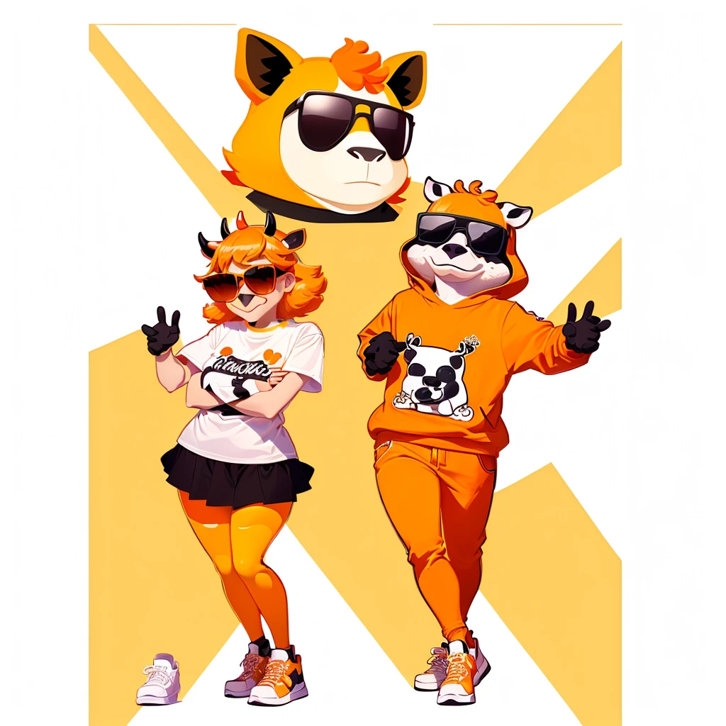 Wear a shirt、Wearing sunglasses、Cartoon cow with crossed arms, Full body mascot, ( cow wearing sunglasses, dancing character, Created using Adobe Illustrator, Teddy Fresh, Orange body, Created using Adobe Illustrator, Cartoon shading:15, Official Art, Merge roles, an anthropomorphic deer, Official illustrations, Full body clothing, posture
