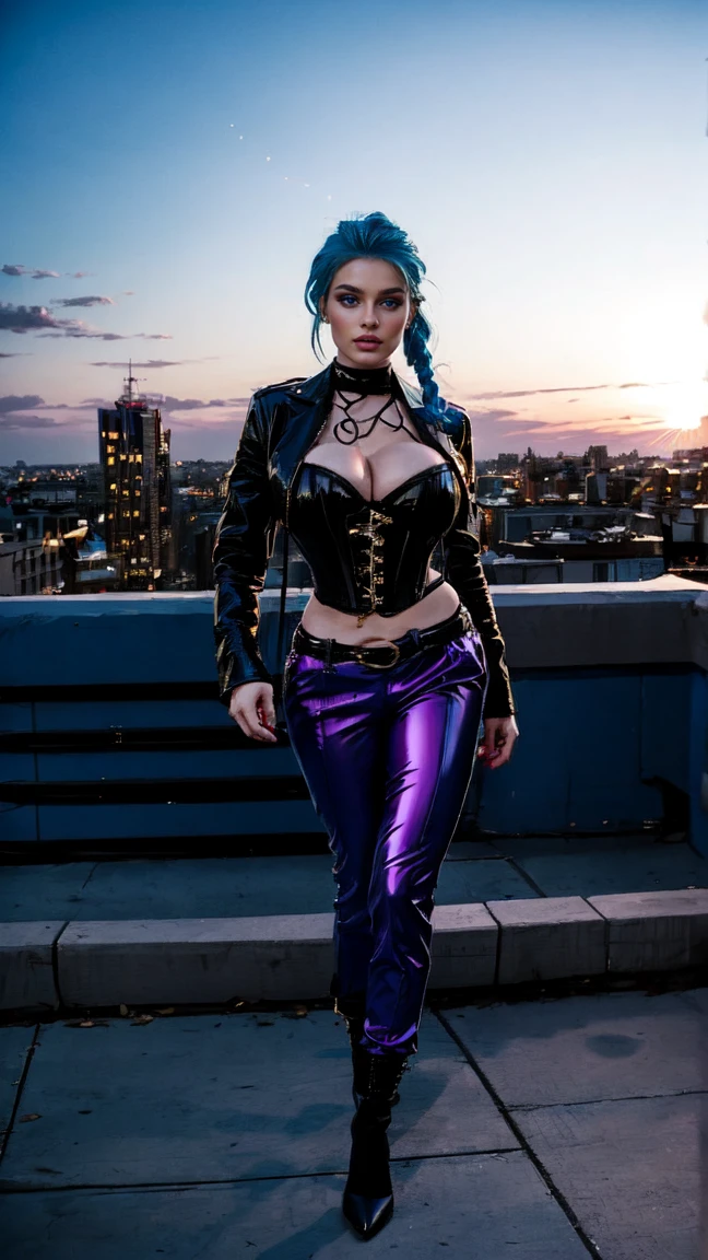 jinx, blue hair,blue long curly ponytail, blue leahter corset, black jacket, big naked breast, purpble tight leahter Trousers, purple belt, black long high heels boots,standing in a City for a photoshooting