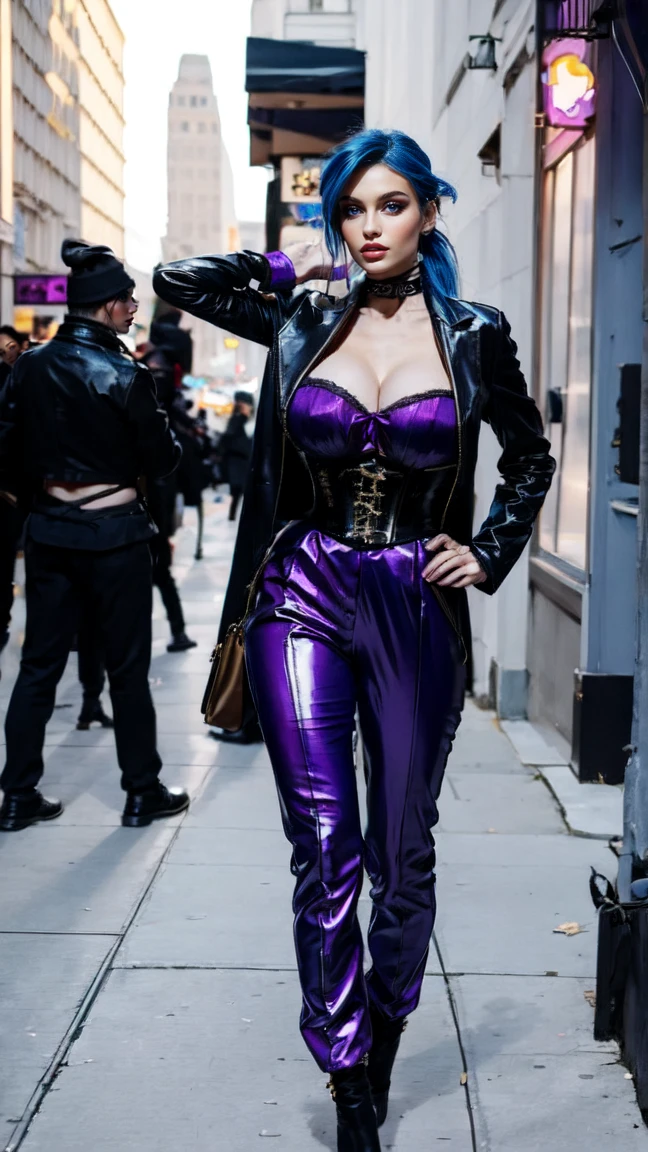 jinx, blue hair,blue long curly ponytail, blue leahter corset, black jacket, big naked breast, purpble tight leahter Trousers, purple belt, black long high heels boots,standing in a City for a photoshooting