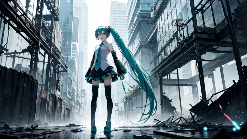 Hatsune Miku Stands Up、With falling sparks on the background of a ruined city、Heavy metal style cover image。