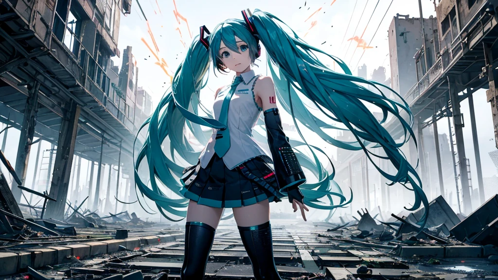 Hatsune Miku Stands Up、With falling sparks on the background of a ruined city、Heavy metal style cover image。