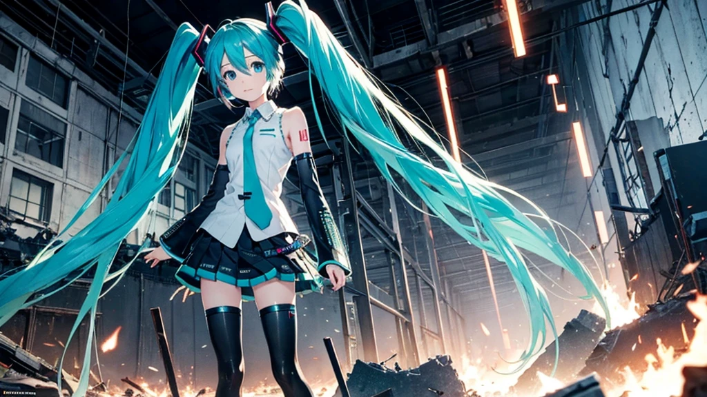 Hatsune Miku Stands Up、With falling sparks on the background of a ruined city、Heavy metal style cover image。