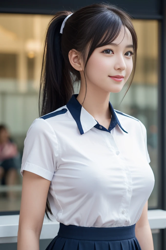 masterpiece, 8k, extremely detailed, realistic, highest quality, ultra-detailed, physically-based rendering, vivid colors, Realistic, Photorealism, Realistic, High resolution, a photorealistic, highly detailed portrait of a beautiful high school girl with pale skin, detailed face, wearing a collared white shirt and navy blue flared skirt, with a medium bust accentuated, long black hair in a ponytail, looking directly at the viewer with a gentle smile, beautiful, high school girl, White skin, (Detailed face), (White shirt with collar, Navy blue flared skirt), (Medium breasts:1.2), (ponytail Black Hair:1.38), medium breasts hidden under the shirt, Staring at the audience, Beautiful delicate eyes, A soft smile