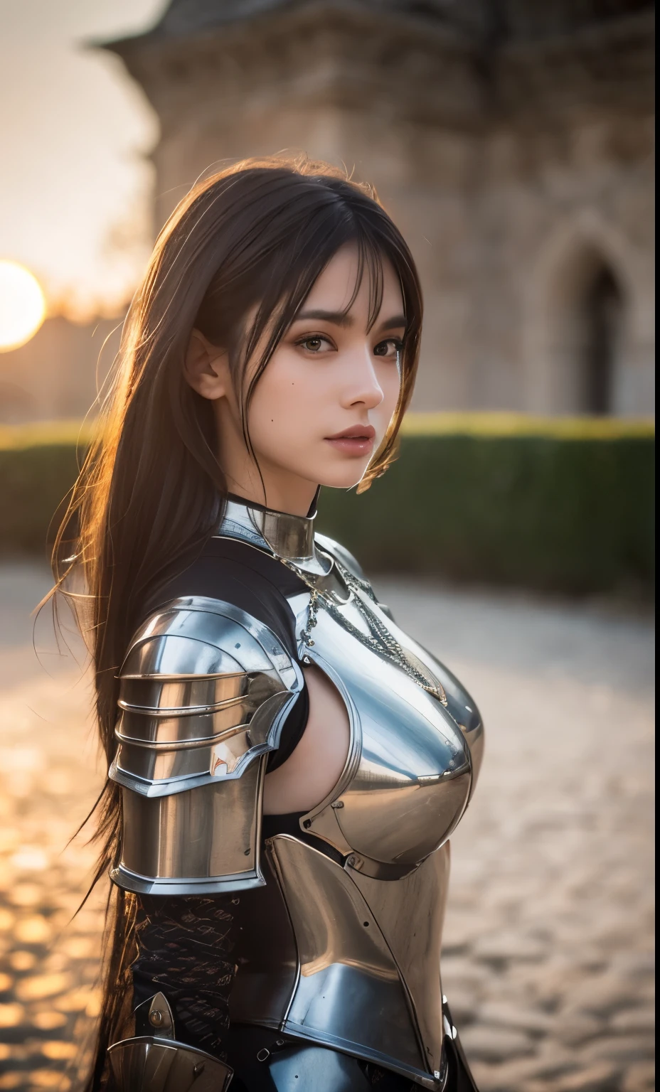 A woman in armor poses for a picture in front of a building - SeaArt AI