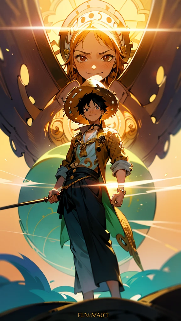 Very detailed anime illustration of a YOUNG MAN, NAMED "LUFFY" with HIS STRAW HAT, and his pirate clothes, sparkling aura, very detailed, gold filigree, intricate motifs, sunlight, smiling face, blushing, loving gaze, red and green , full body pose, highly detailed posture, fantasy , fantasy environment, anime style, ((overload combined with One Piece)) bright color, cmyk color, backlight, misty light, highly detailed, majesty and awe, cinematic, visual masterpiece stunning, double exposure, highest quality, 32k, yly. png