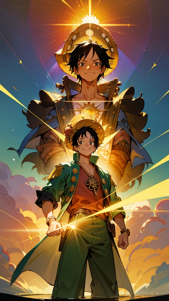 Very detailed anime illustration of a YOUNG MAN, NAMED "LUFFY" with HIS STRAW HAT, and his pirate clothes, sparkling aura, very detailed, gold filigree, intricate motifs, sunlight, smiling face, blushing, loving gaze, red and green , full body pose, highly detailed posture, fantasy , fantasy environment, anime style, ((overload combined with One Piece)) bright color, cmyk color, backlight, misty light, highly detailed, majesty and awe, cinematic, visual masterpiece stunning, double exposure, highest quality, 32k, yly. png