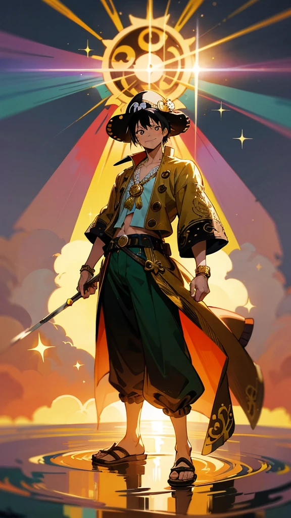 Very detailed anime illustration of a YOUNG MAN, NAMED "LUFFY" with HIS STRAW HAT, and his pirate clothes, sparkling aura, very detailed, gold filigree, intricate motifs, sunlight, smiling face, blushing, loving gaze, red and green , full body pose, highly detailed posture, fantasy , fantasy environment, anime style, ((overload combined with One Piece)) bright color, cmyk color, backlight, misty light, highly detailed, majesty and awe, cinematic, visual masterpiece stunning, double exposure, highest quality, 32k, yly. png