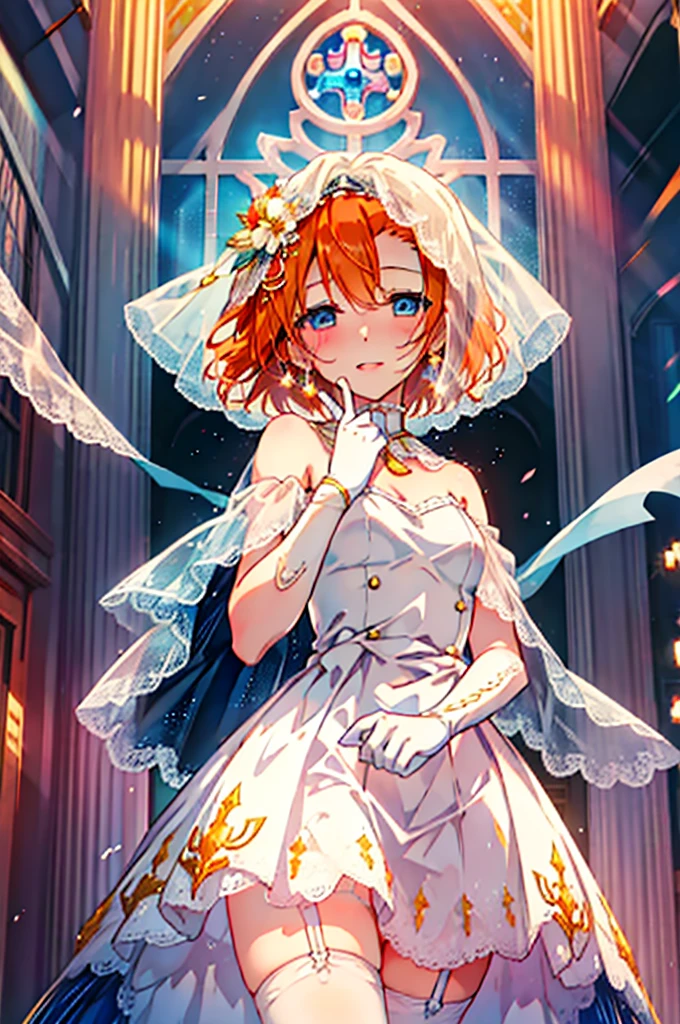 Highest quality, masterpiece, High resolution, alone, {Honoka Takasaka　lovelive:1.15}, blue eyes, Orange Hair,Short Hair ,blush,happy smile, smile, Open your mouth,Wedding dress,Veil,bouquet,　　　　　　　　　　　　 
 break looking at viewer, whole body,(Cowboy Shot:1. 5) 　　　　　　　　　　　　　　　　　　　break indoors, Chapel,church, 　　　　　　　　　　　break (masterpiece:1.2), Highest quality, High resolution, unity 8k wallpaper, (shape:0.8), (Beautiful attention to detail:1.6), Highly detailed face, Perfect lighting, Highly detailed CG, (Perfect hands, Perfect Anatomy),