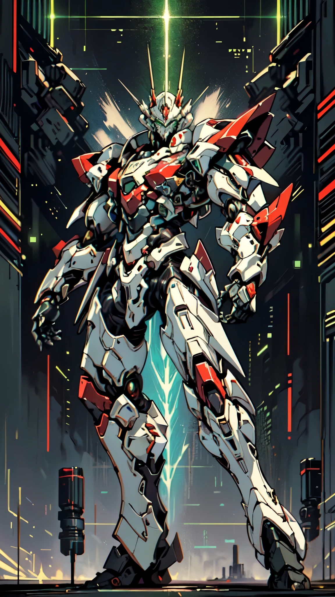 (masterpiece:1.5, best quality:1.5, extremely delicate:1.5, foreshortening:1.5, dynamic angle:1.5), a man wearing a full-face helmet, a fantasy-style biotech armored combat suit, green eyes, (a composite layered chest armor), fully enclosed shoulder guards, matching arm and leg guards, belt of Neon circuit, (the color scheme is primarily white with red green accents), the design balances heavy with agility, a high-tech bio-mecha armor, (Armor Concept Inspired by neon Cyberpunk, stand on the top of a skyscraper in a futuristic sci-fi city), this character embodies a finely crafted fantasy-surreal style armored hero in anime style, exquisite and mature manga art style, (element, plasma, energy, the armor glows), ((male:1.5)), metallic, high definition, highres, ultra-detailed, ultra-fine painting, professional, perfect body proportions, golden ratio, anatomically correct, symmetrical face, extremely detailed eyes and face, high quality eyes, creativity, RAW photo, UHD, 32k, Natural light, cinematic lighting, masterpiece-anatomy-perfect